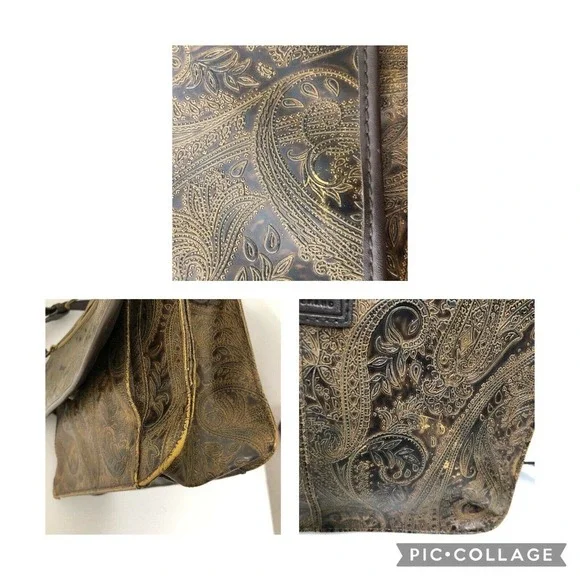 Vintage Relic Brown Paisley Tooled Faux Leather Flap Front Crossbody Satchel Bag - Picture 11 of 12